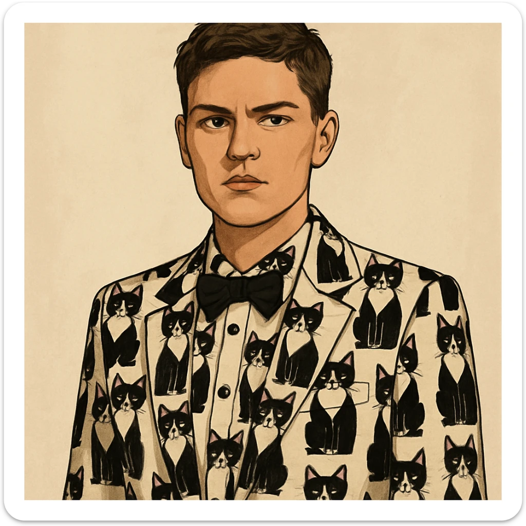 masculine woman with short brown hair and a tuxedo cat, style 3 sticker