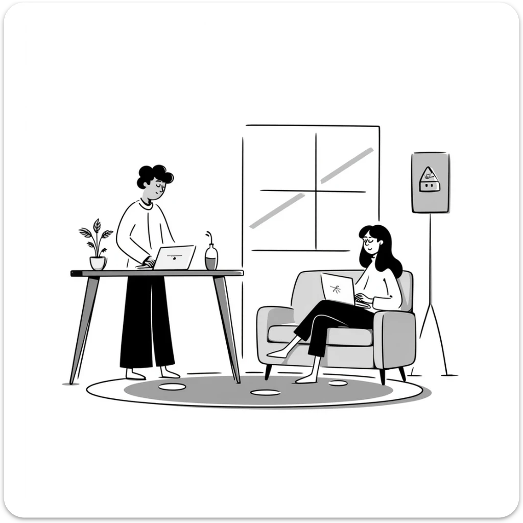 escenary 3d of a cozy mid-century living room with two people working on laptops, one man standing at a desk, and one woman sitting on a couch sticker