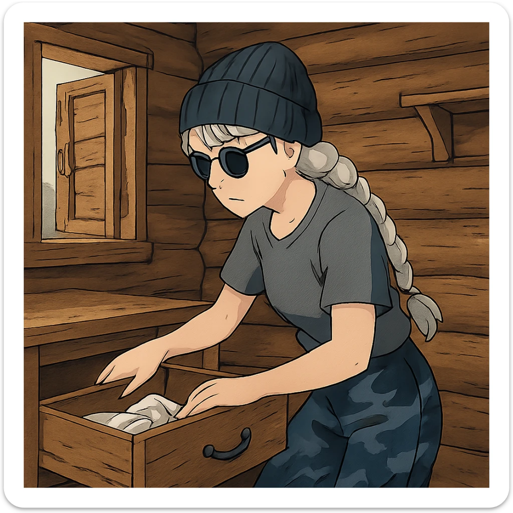 1 female, long white braid, knit cap, dark sunglasses, GRAY T-SHIRT, blue camo pants, LOOTING A CABIN, OPENING A DRAWER sticker