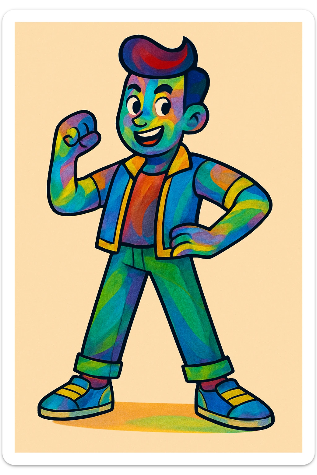 Make the man's skin colorful, with vibrant, lively hues and a playful, artistic look, keeping the energetic style and expression. sticker