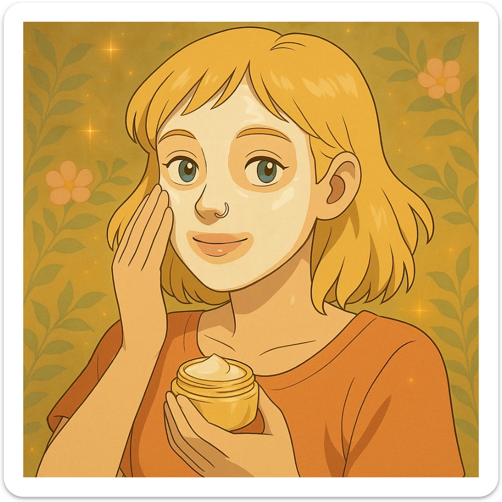 Add a skincare facial mask on the blonde woman with a nose piercing, keep the ghibli style. sticker