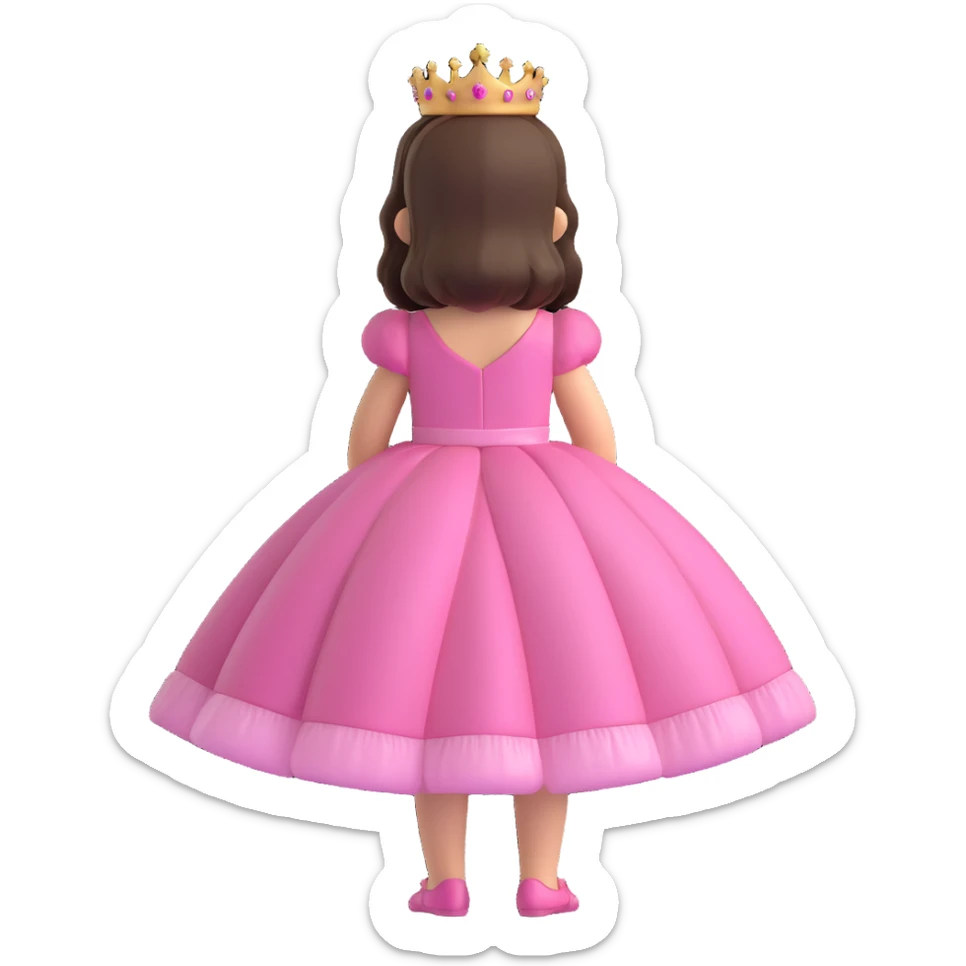 little princess in a pink dress with a tiara, back view, iOS 3D emoji style, glossy finish, realistic textures, modern and cute look, soft lighting sticker