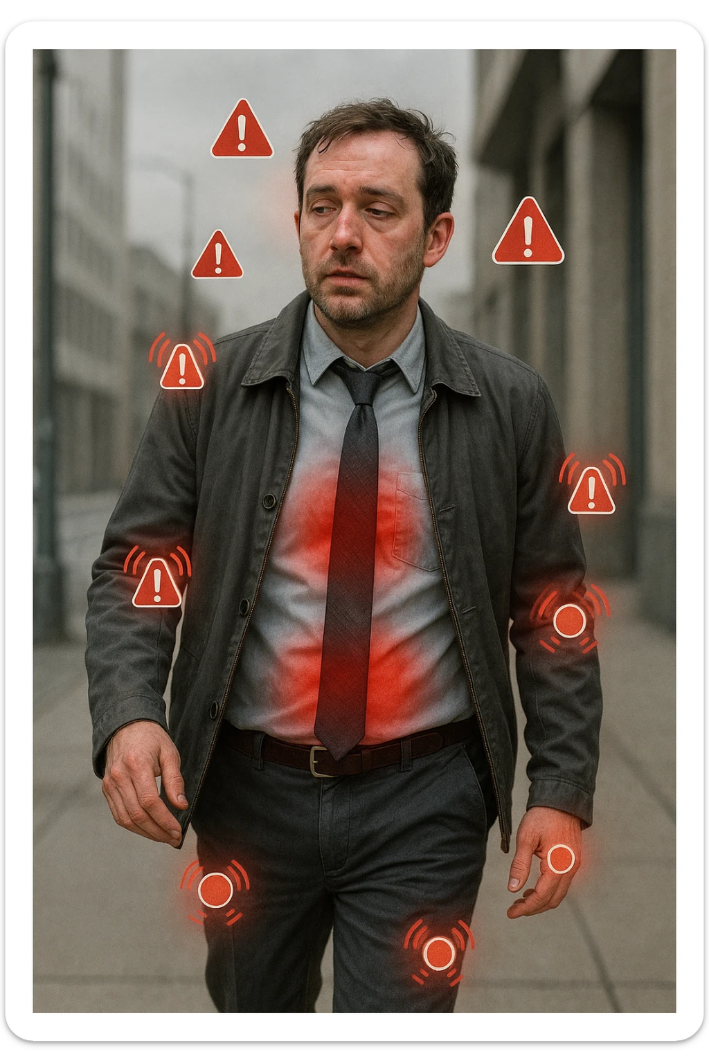 Uomo di circa 35 anni in giacca e cravatta, cammina deciso mentre il suo corpo invia segnali visibili: zone arrossate su addome, testa e articolazioni, occhi stanchi, pelle spenta. Intorno a lui appaiono simboli di allarme (come piccole icone rosse di dolore o stanchezza), ma lui guarda altrove con espressione indifferente o distratta. Sfondo urbano, giornata grigia, atmosfera di disconnessione mente-corpo. Stile realistico con accenti metaforici. sticker