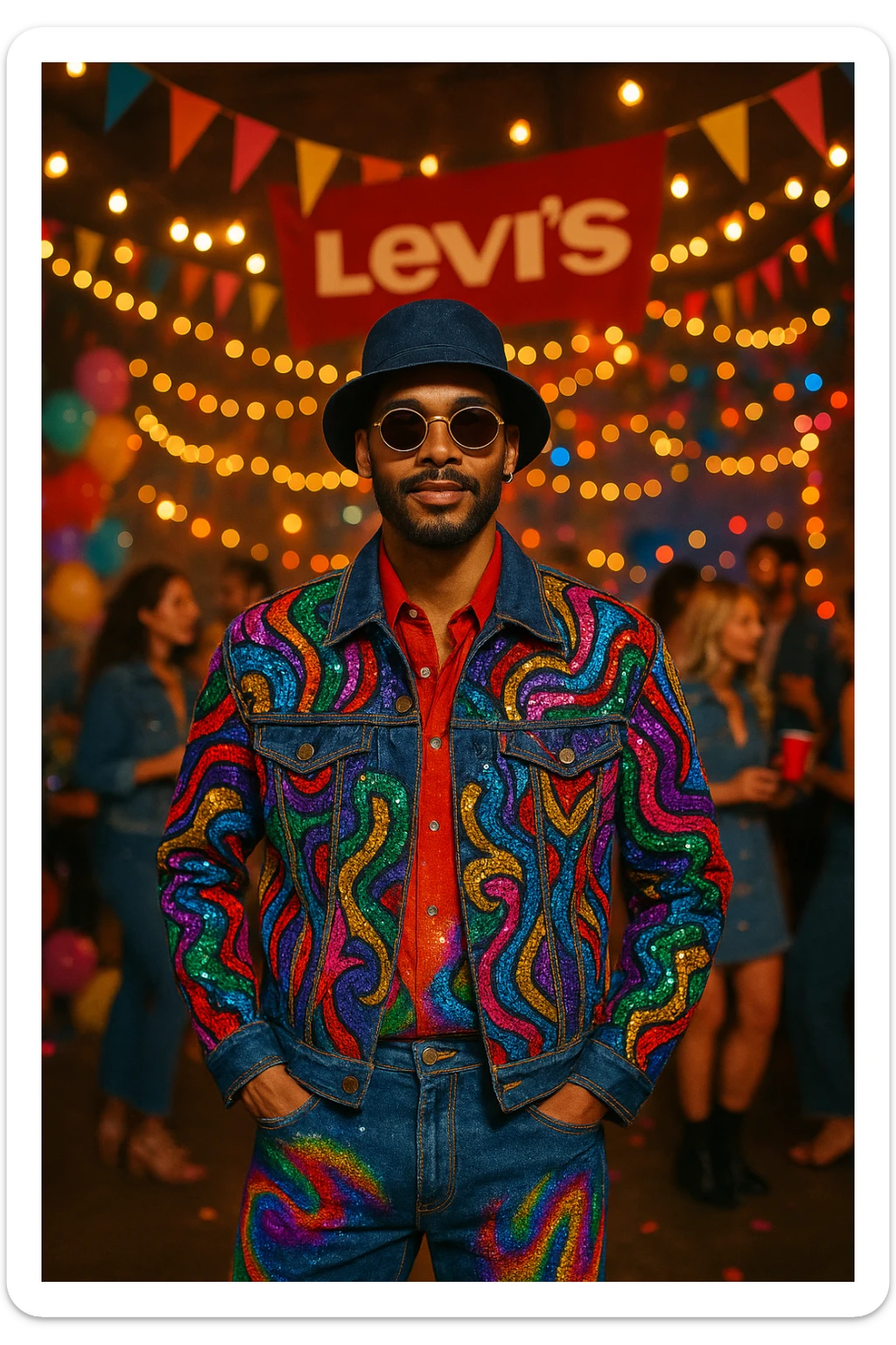 A fashionable man in dazzling, unique attire at a Levi's-themed party, featuring bold patterns, denim jacket, and lively party background. sticker