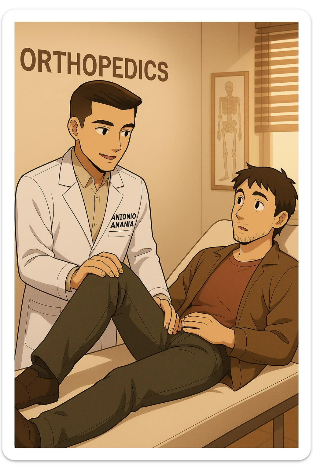 fai un webtoon manga a colori con questo stile, in cui un uomo è steso sul lettino medico e il kinesiologo con il camice bianco (fagli anche la scritta "ANTONIO ANANIA" SUL CAMICE, gli solleva una gamba per fargli il test neuromuscolare, IL KINESIOLOGO SPIEGA ALL'UOMO UNA cosa mentre gli alza la gamba. non fare i fumetti però, fai solo in modo che sembri stiano parlando sticker