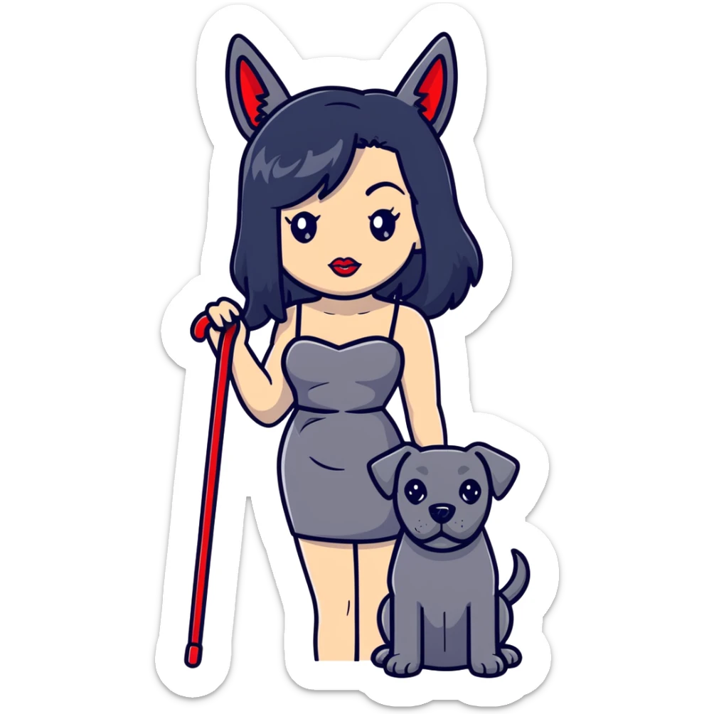 Fashionable woman in sling dress with long black hair, big red lips, and Cane Corso dog ears and short tail sticker