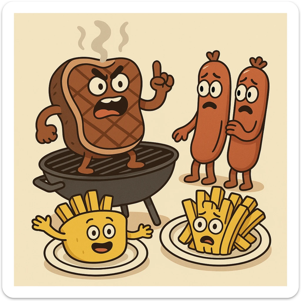 beef sirloin steak sausages on a bbq french fries potato plates   sticker