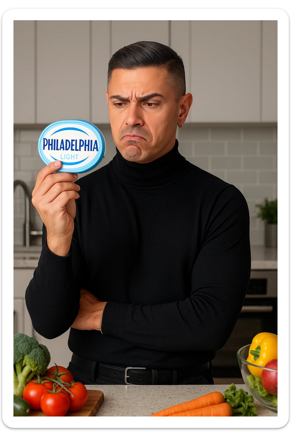 a man stands in his kitchen, holding a tub of Philadelphia Light cream cheese in one hand. He looks at it with a skeptical, slightly disapproving expression, eyebrows furrowed and lips pursed. The background shows a modern kitchen with healthy food options visible on the counter, emphasizing his awareness of better choices. The mood is reflective and subtly critical. sticker