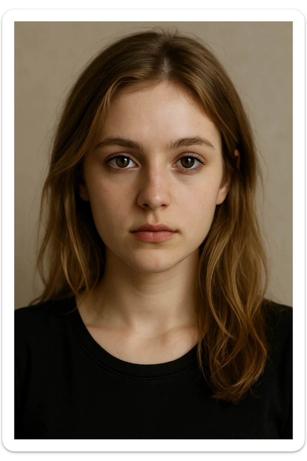 portrait of a white girl with dirty blond hair, hazel eyes, wearing a black top, neutral background sticker