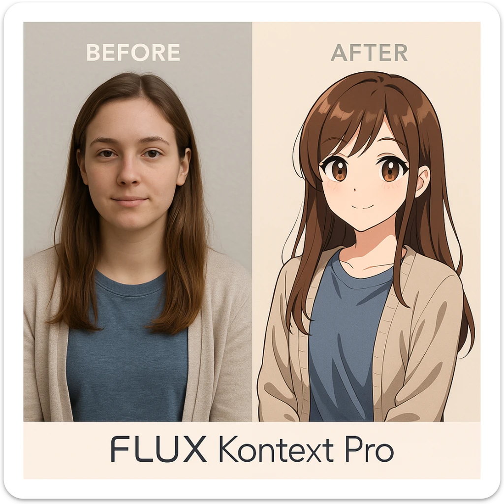 create before after image of a girl before is realsitic photo, after is anime version of her in same pose and clothes, add logo with text of a "FLUX Kontext Pro" sticker