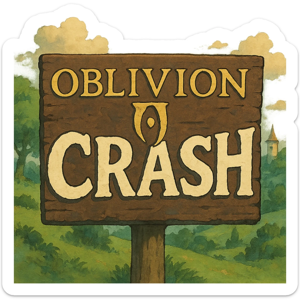 Oblivion logo in fantasy style with the word 'crash' across the front, ghibli style illustration sticker