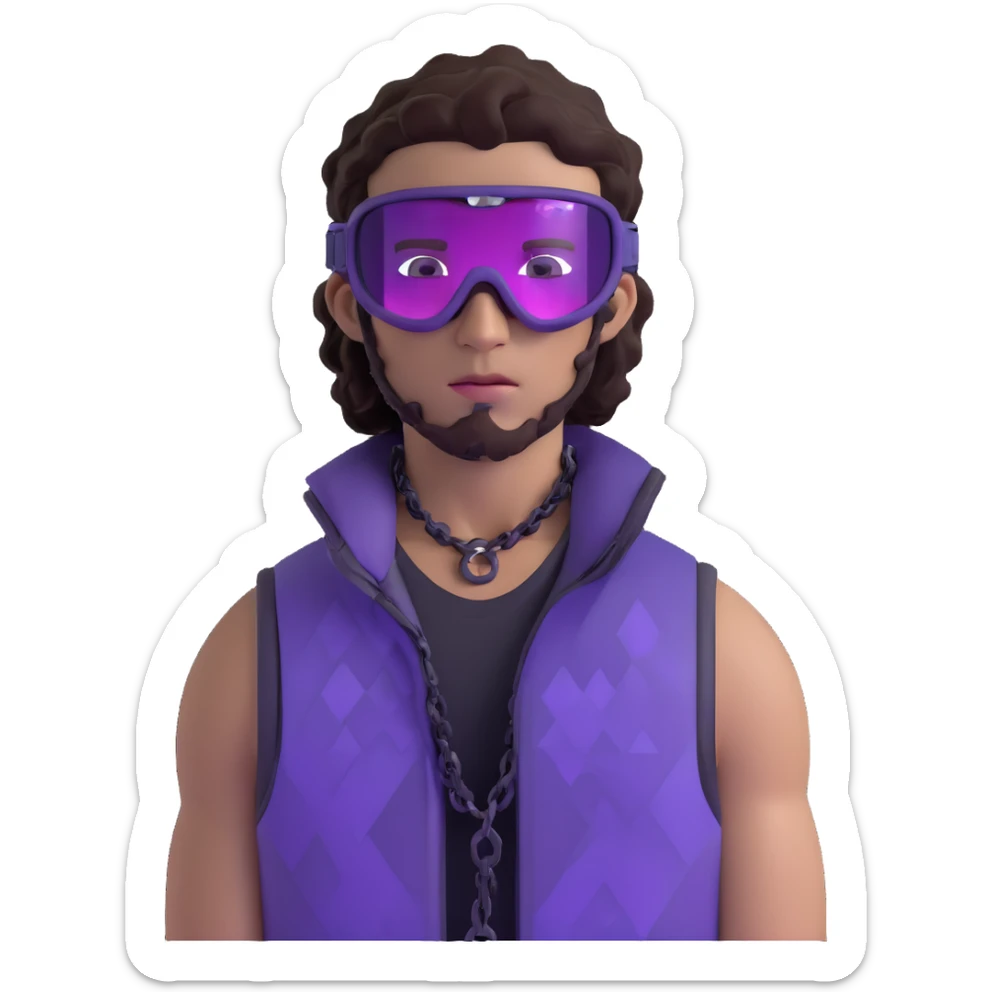 close-up of bad guy male athlete with white skin and moderately curly dark brown hair on top with shaved sides, wearing ski goggles with purple frames and very dark black lenses, a simple plain black chain necklace, and a completely unzipped sleeveless vest with purple and black sequin fire pattern design with no logo, with an extremely arrogant sneer on his face, looking menacing and villainous, exuding overconfidence and a threatening aura sticker