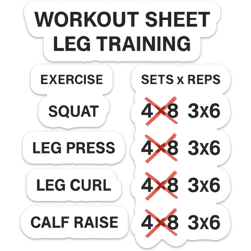 scheda di allenamento gambe con volume di allenamento ridotto (fai alcuni esercizi con 4x8 scritti in precedenza sbarrati in rosso e la correzione accanto tipo 3x6), scrivila al meglio che puoi sticker