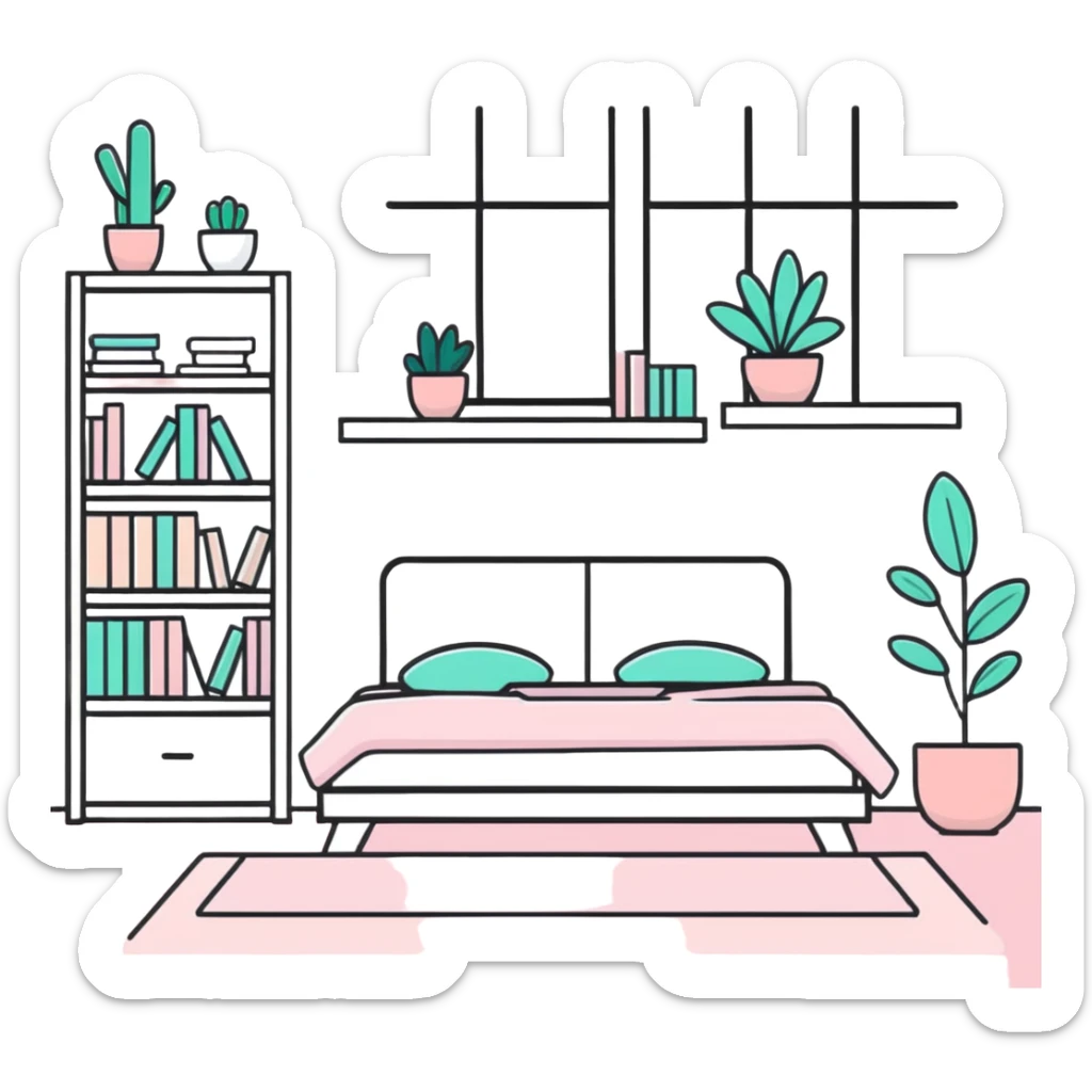 clean girl aesthetic bedroom with white furniture, pastel pink accents, neatly arranged books, potted plants sticker