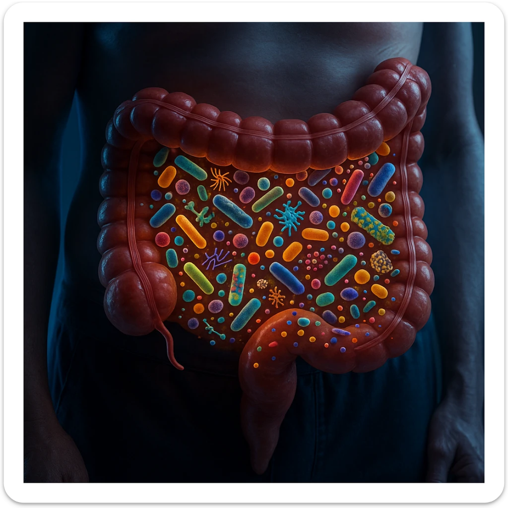 Hyperrealistic 4K close-up of the intestine in a human body, in a similar position to the reference image. No parasites present, but showing altered microbiota (dysbiosis) with diverse bacteria and microorganisms of various shapes and colors inside the intestine. Clinical atmosphere, highly detailed and realistic. sticker