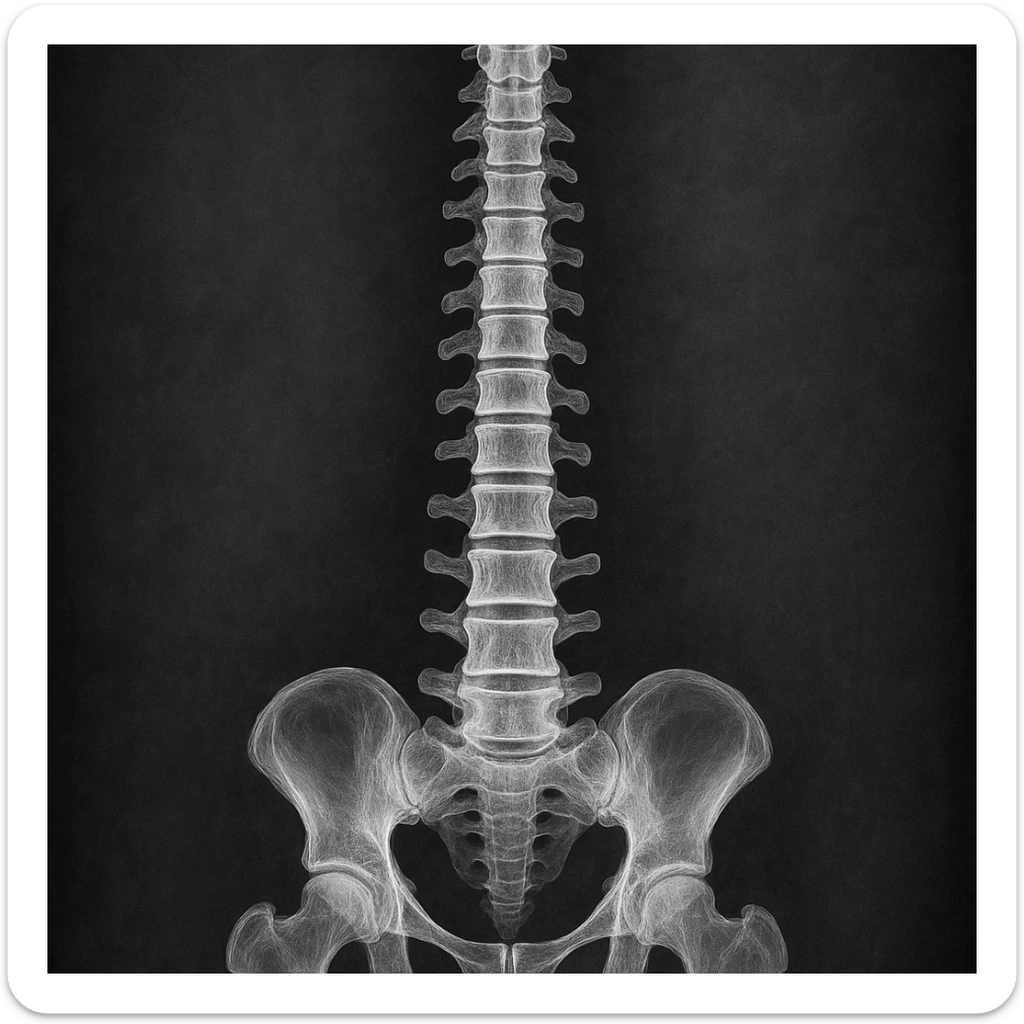 detailed X-ray style illustration of a human spine, monochrome, medical look sticker