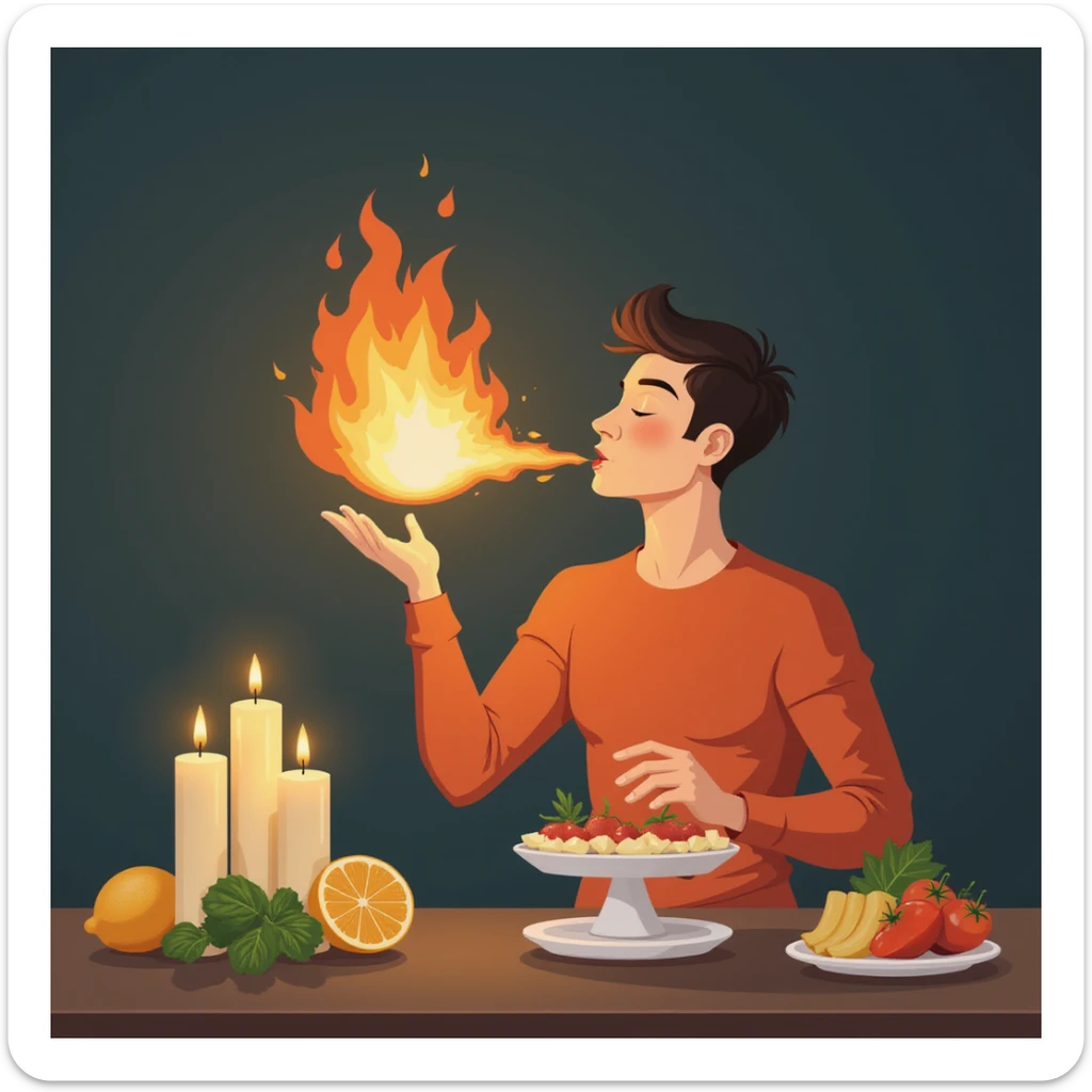 modern style 4K symbolic illustration of a man blowing out candles with a flame (metabolism) reducing, a scale and healthy foods appearing beside him sticker