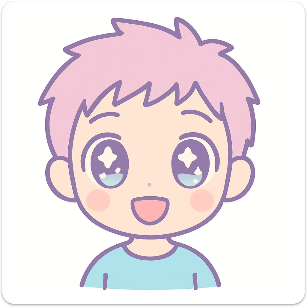 anime themed emoji of a boy, big sparkling eyes, short spiky hair, cheerful expression, vibrant colors sticker