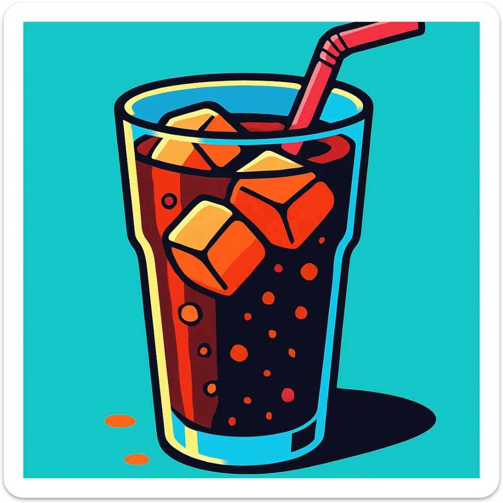 clean, vibrant color cartoon illustration of a glass of cola with ice and a straw, in a modern, TikTok-inspired style, minimal background, bold highlights sticker