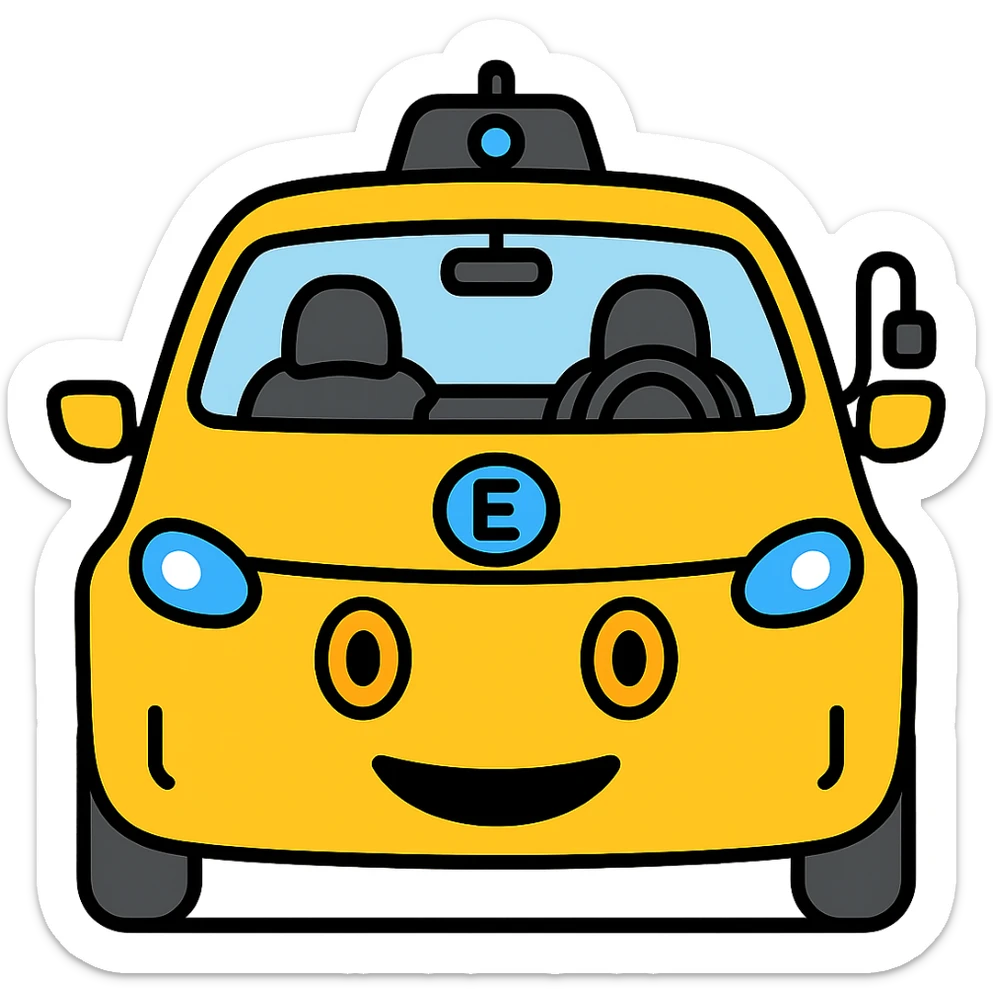 Change the EV car to yellow, keep the circle eyes and EV charger on the right, with no background. sticker