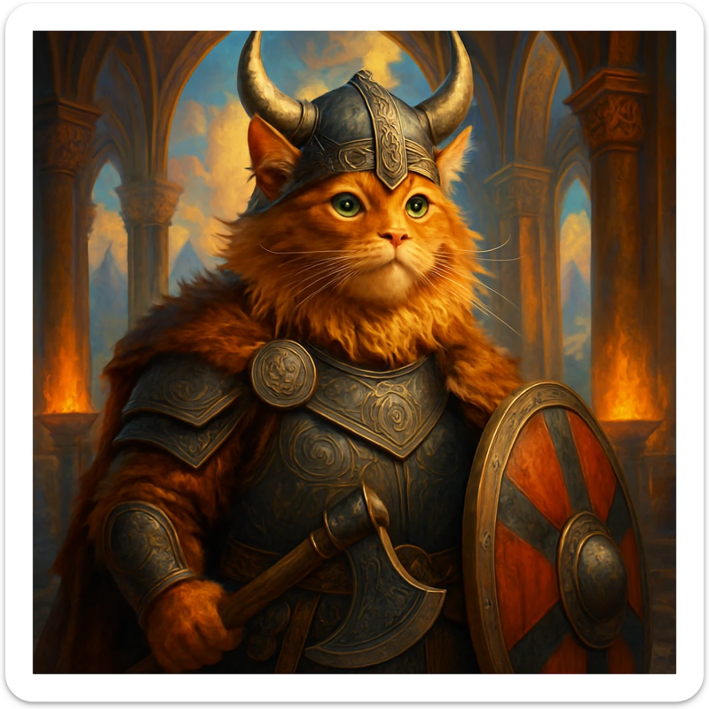 heroic Viking ginger cat in Valhalla, detailed, epic, vibrant colors, fantasy style sticker