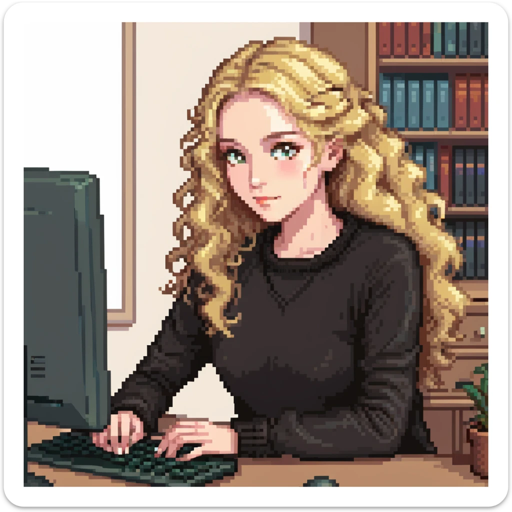 pretty brown-eyed blonde young woman with wavy hair, wearing a black sweater, working on a computer in a cozy office sticker