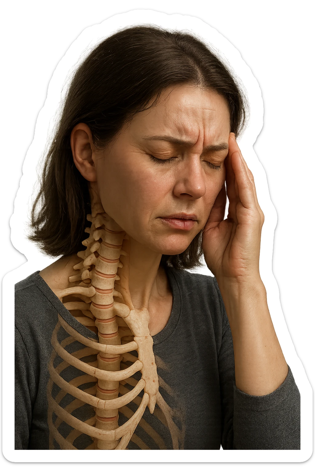 donna stanca che si tiene una mano sulla tempia con spina dorsale anatomica visibile, iperrealistico 4k sticker