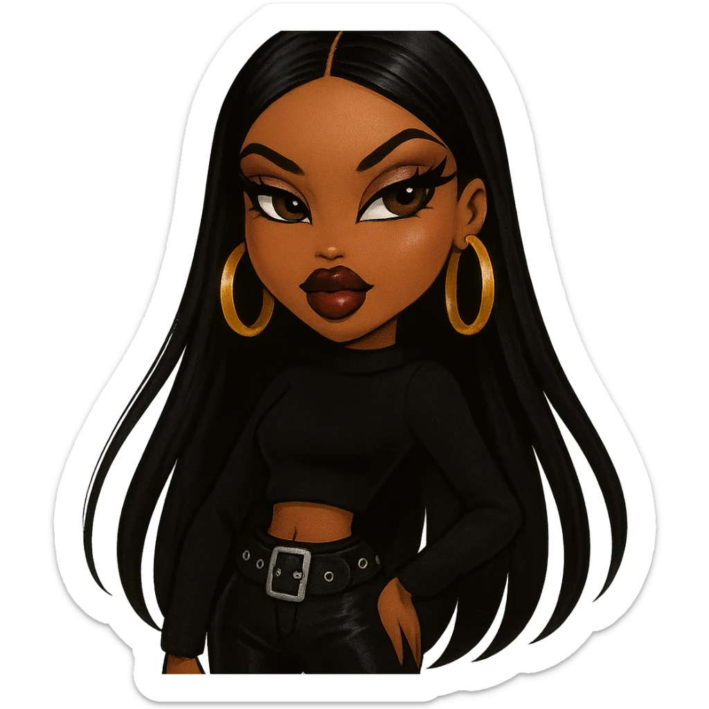 stylish Bratz doll baddie, straight black hair, brown skin, glamorous makeup, dark brown eyes, gold hoop earrings sticker