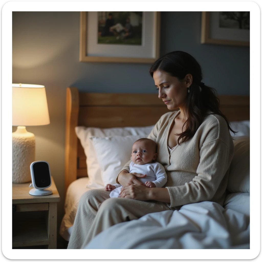 hyperrealistic 4K image of new mother sitting on bed, baby monitor on nightstand, glancing at it with anxious expression, dark circles under eyes, nursery filled with safety devices sticker