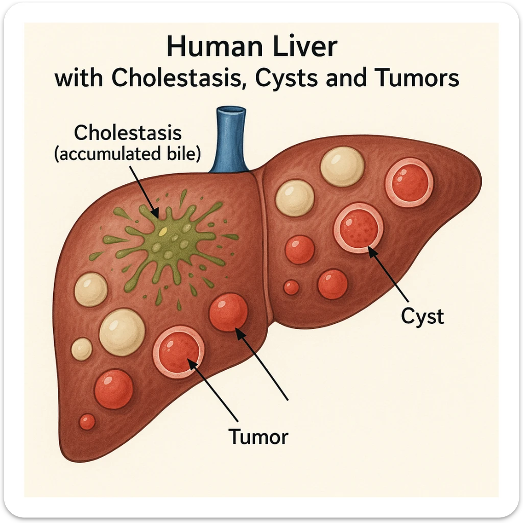 medical illustration of human liver with cholestasis (accumulated bile), cysts and tumors, different conditions highlighted with specific colors and signs, clear, informative and scientific style sticker