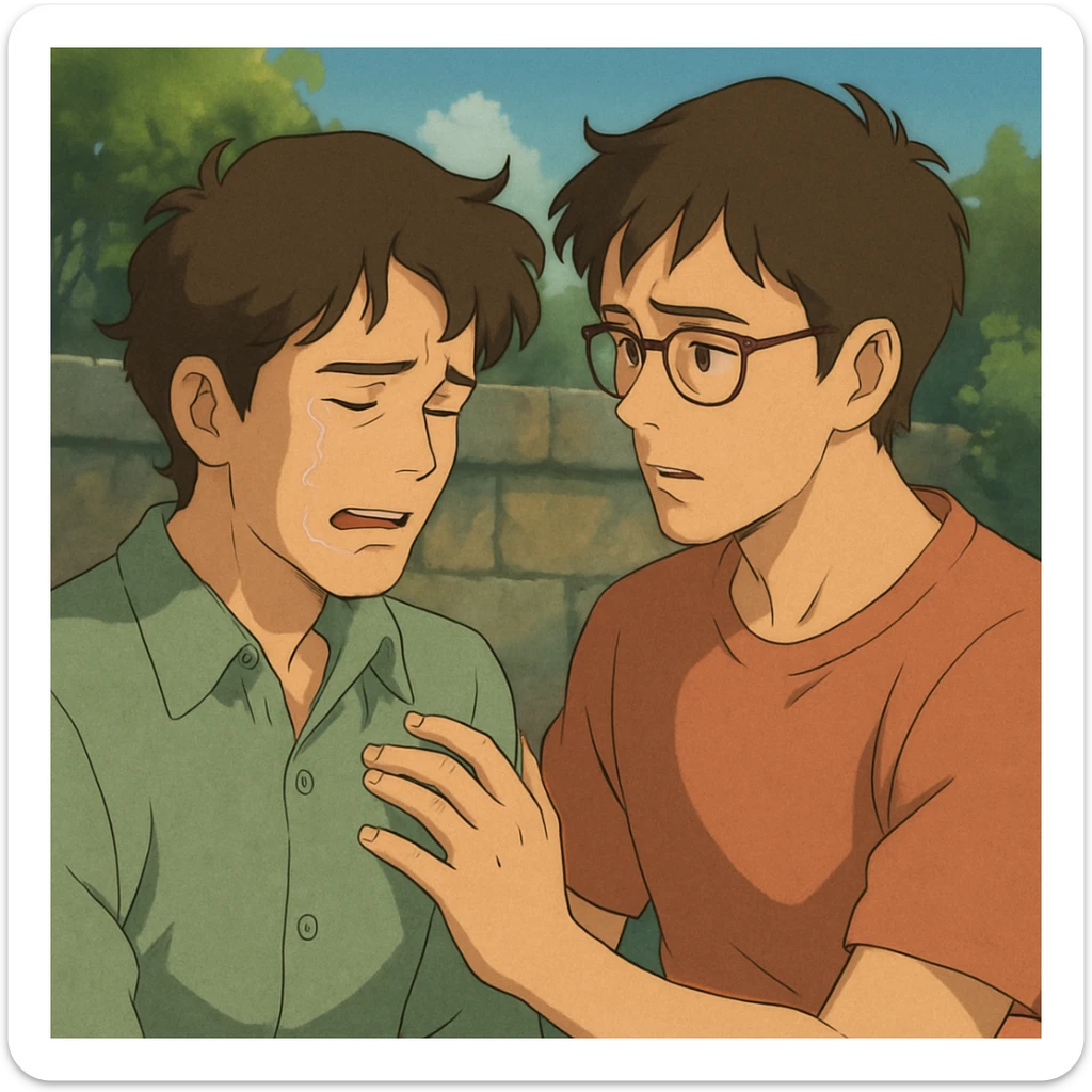 two men, gay couple, breaking up, emotional scene, in ghibli style sticker
