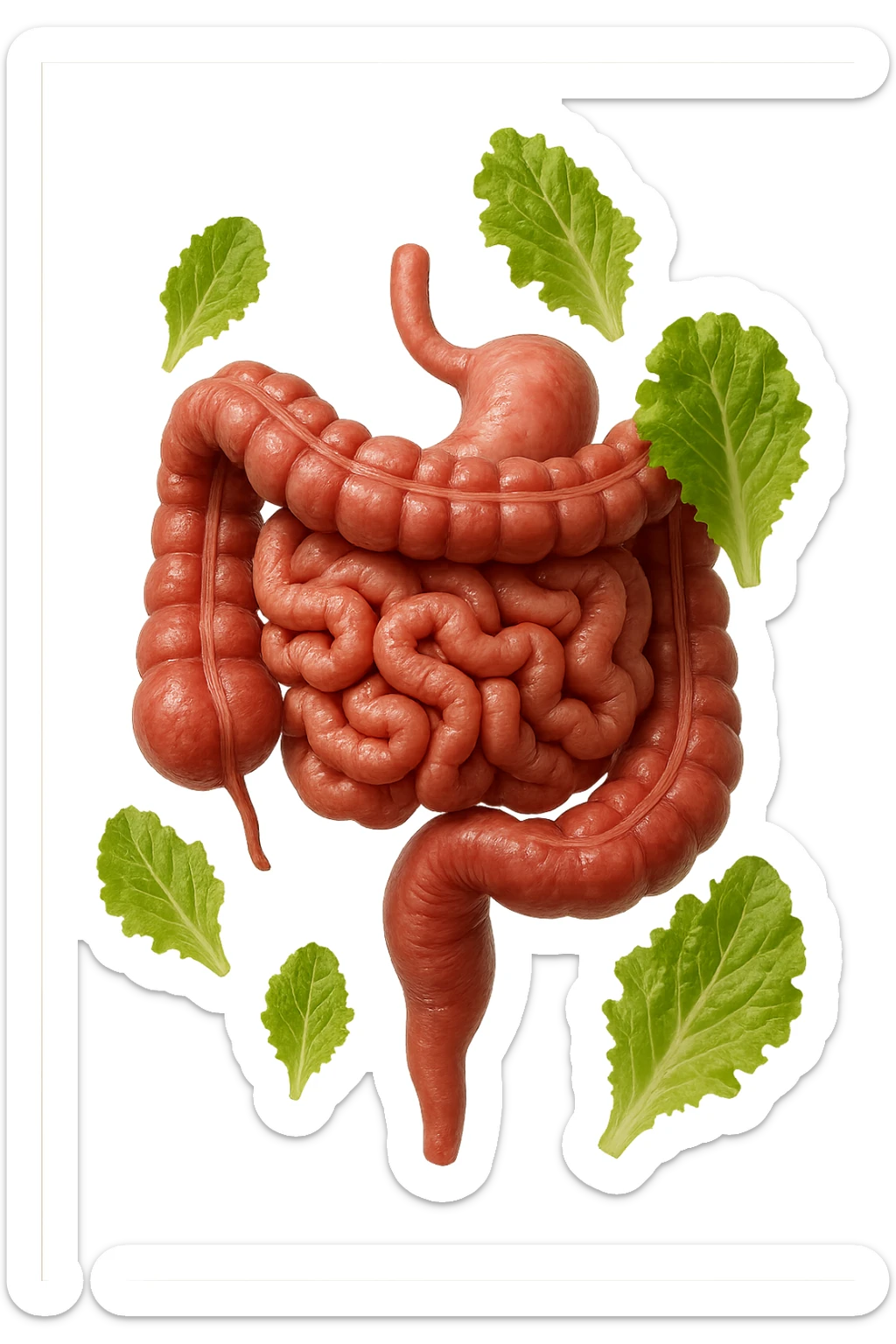 INTESTINO ANATOMICO UMANO REALISTICO INSIEME A FOGLIE DI INSALATA CHE FLUTTUANO IN ARIA, IPERREALISTICO 4K sticker
