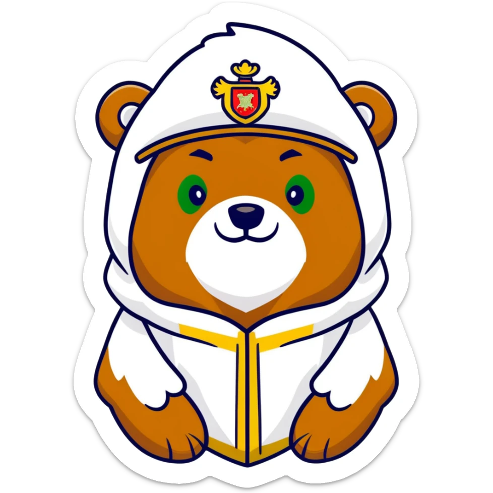 Cute grizzly bear face with green eyes, wearing a white fur hat with golden Russian coat of arms in the middle sticker