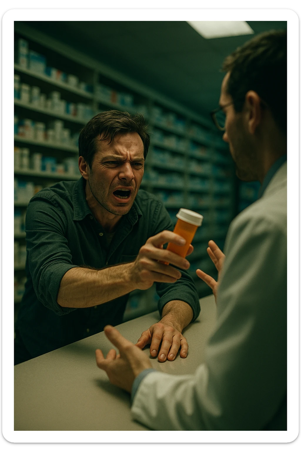 Cinematic Frustrated man at pharmacy counter demanding immediate pain relief medication, expression of impatience wanting instant symptom elimination, ignoring pharmacist's questions about underlying causes, grabbing prescription bottle eagerly, symptom suppression taking priority over healing, modern medicine aisle promising quick fixes for complex health problems" in italiano sticker