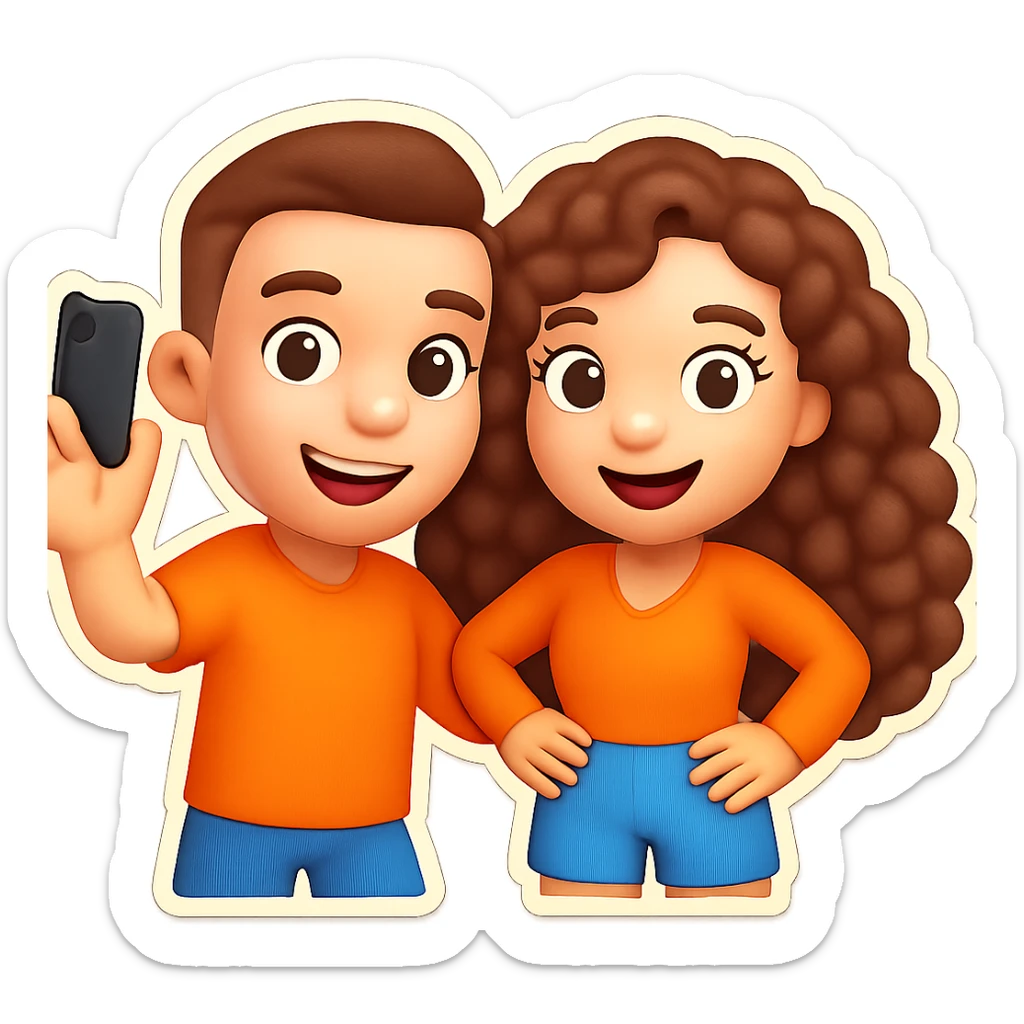 3D cartoon male and female characters with white skin and brown hair; male with short fade haircut, female with long natural curls, posing together for a playful selfie in a Bitmoji-like style, suitable for emoji use, transparent background. sticker