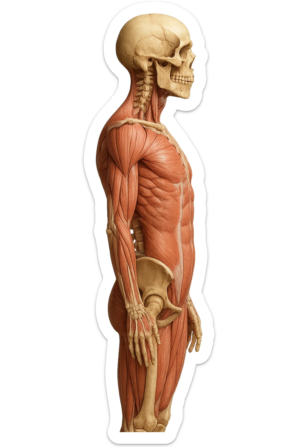 CORPO UMANO ANATOMICO REALISTICO DI PROFILO CON CURVA LOMBARE PIATTA, iperrealistico 4k sticker