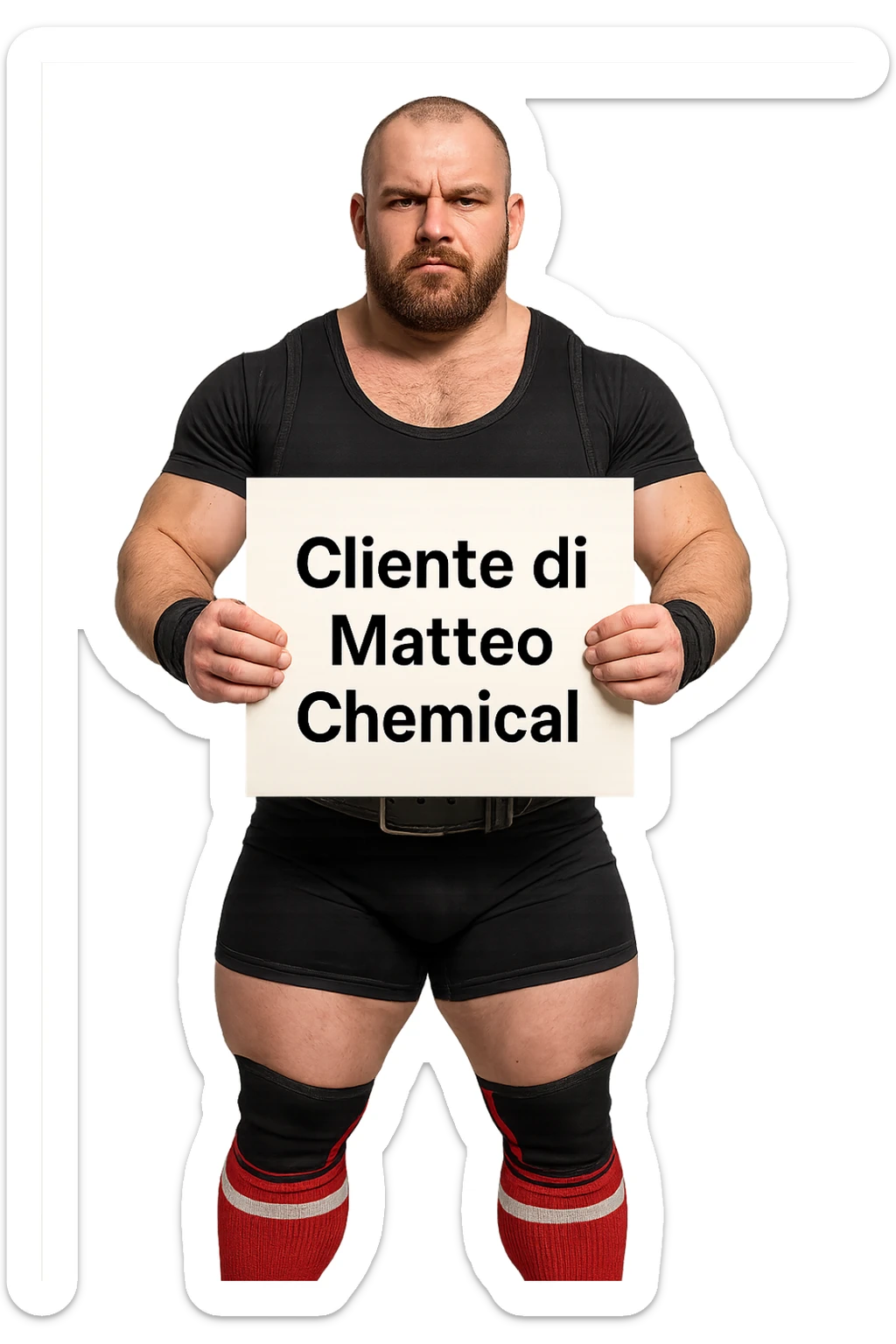 Powerlifter con in mano una targa o un foglio con scritto "Cliente di Matteo Chemical" sticker