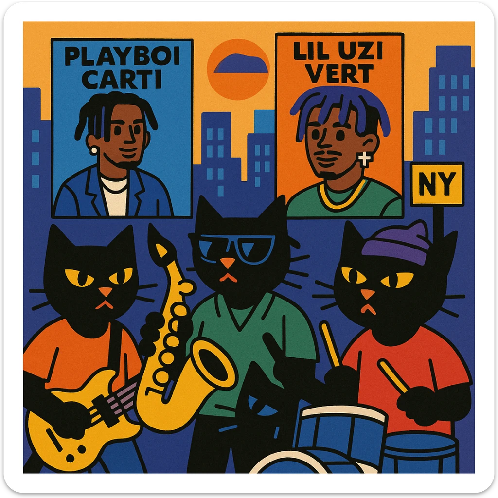 black cats as a funky music gang in New York with Playboi Carti and Lil Uzi Vert in the background sticker