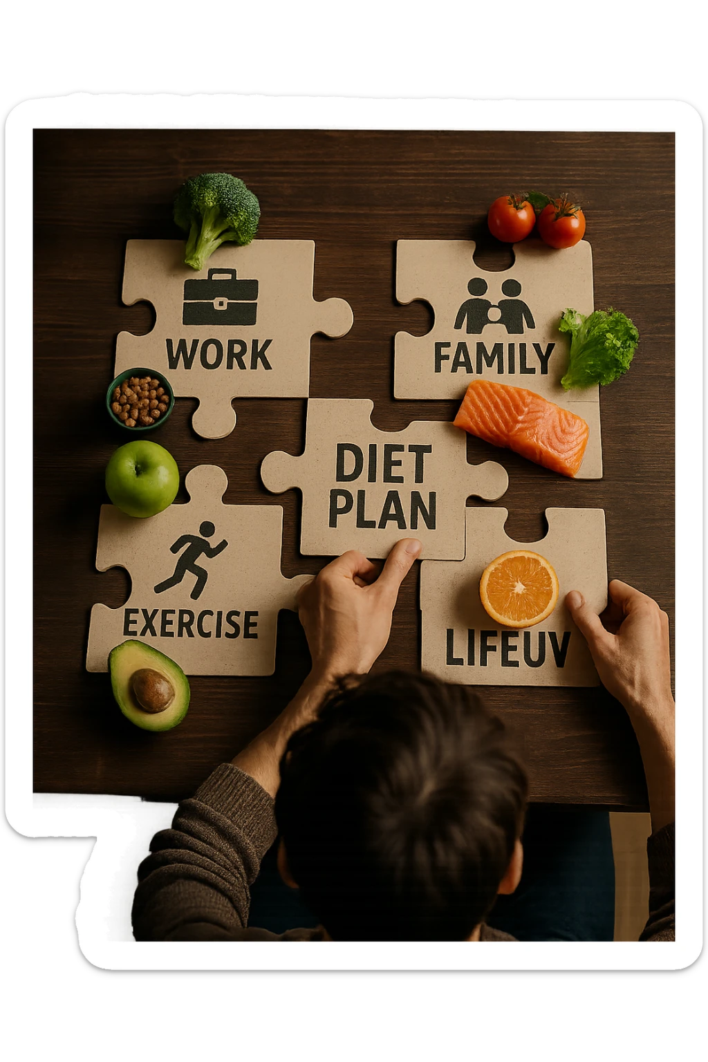realistica cinematic photo a person is surrounded by puzzle pieces, each representing a different aspect of their life (work, exercise, family, leisure), and healthy foods are integrated into each piece. The person assembles the puzzle, creating a complete, personalized nutrition plan. The mood is uplifting and creative. in italiano sticker