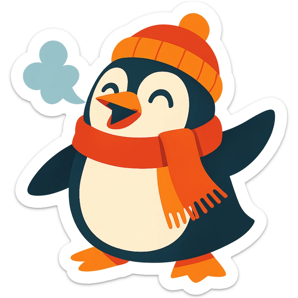cheerful penguin bundled up in a hat and scarf, with frosty breath and a joyful expression sticker