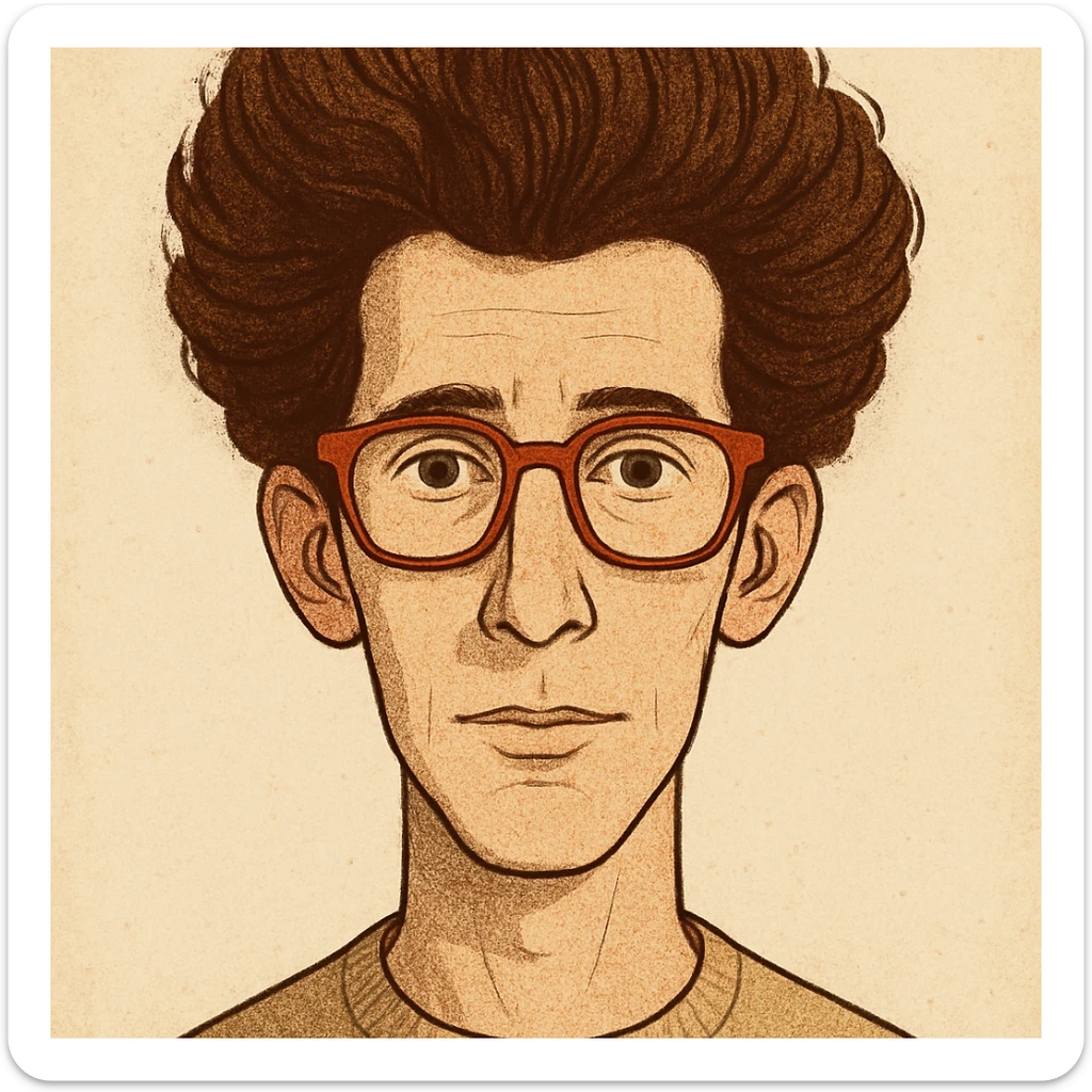 slightly elongated face of a man with red glasses and a big set of brown hair, style 1 sticker