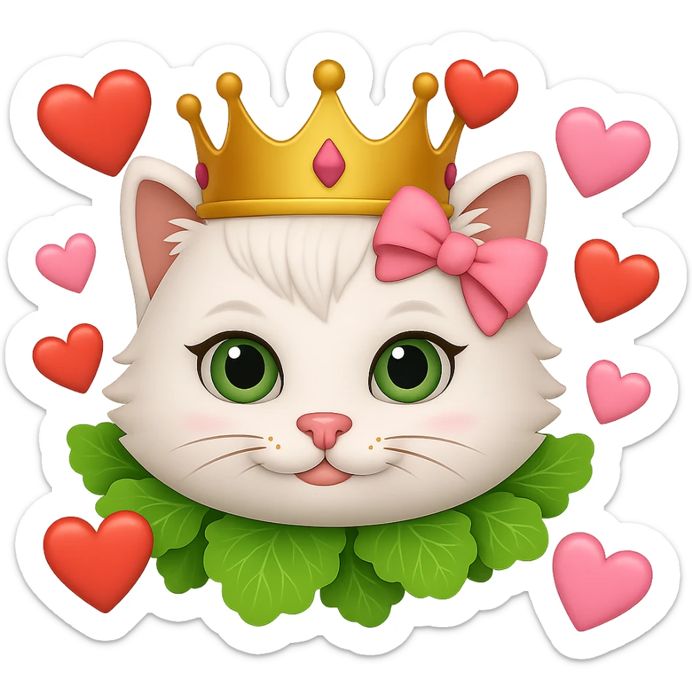 Make the hearts larger around the white cat with a pink bow and a green lettuce crown in the style of emoji. Remove the background. sticker