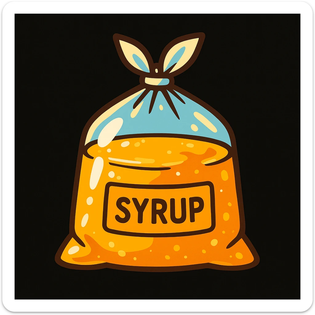 cartoon style illustration of a clear plastic bag filled with sugar syrup, tied at the top, with a shiny, sticky appearance, black background, vibrant and clean look sticker