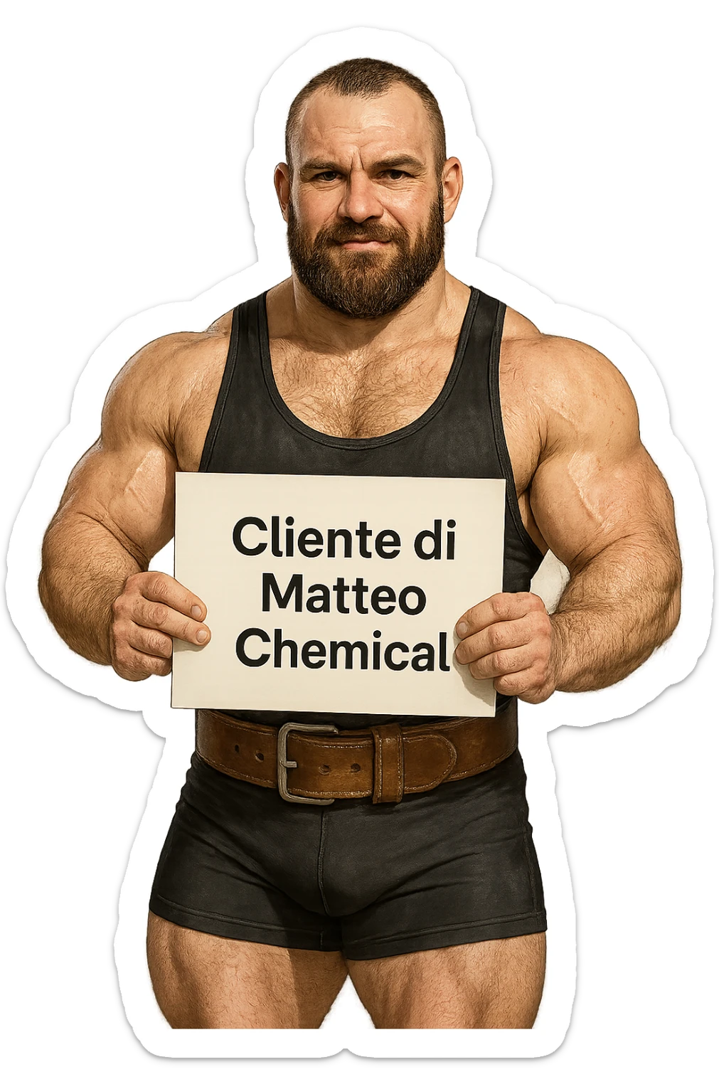 Powerlifter con in mano una targa o un foglio con scritto "Cliente di Matteo Chemical" sticker