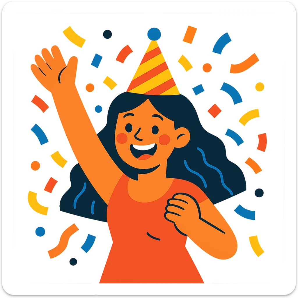 happy party girl, vibrant and festive, confetti, smiling, party hat sticker