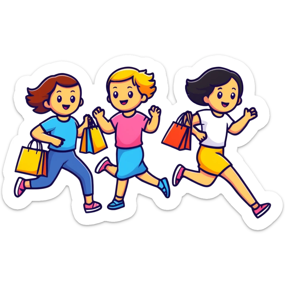shoppers running with the salesgirl, bright colors and playful expressions sticker