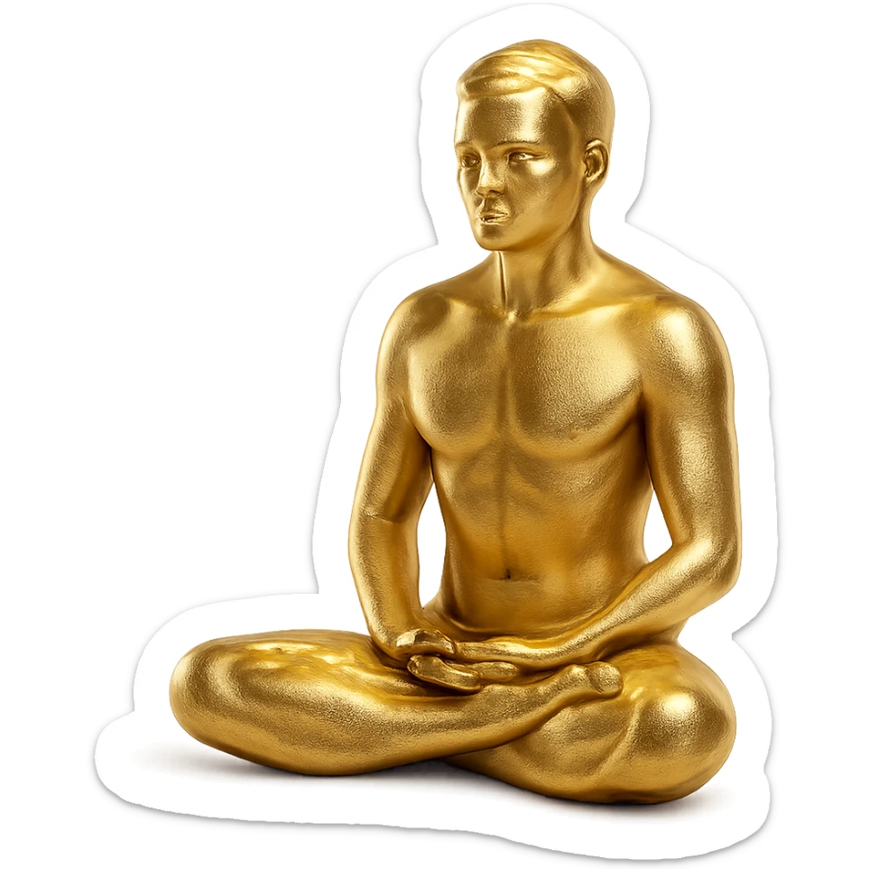 stylized gold figure of a man meditating in the lotus position, minimalistic and elegant, gold objects style sticker