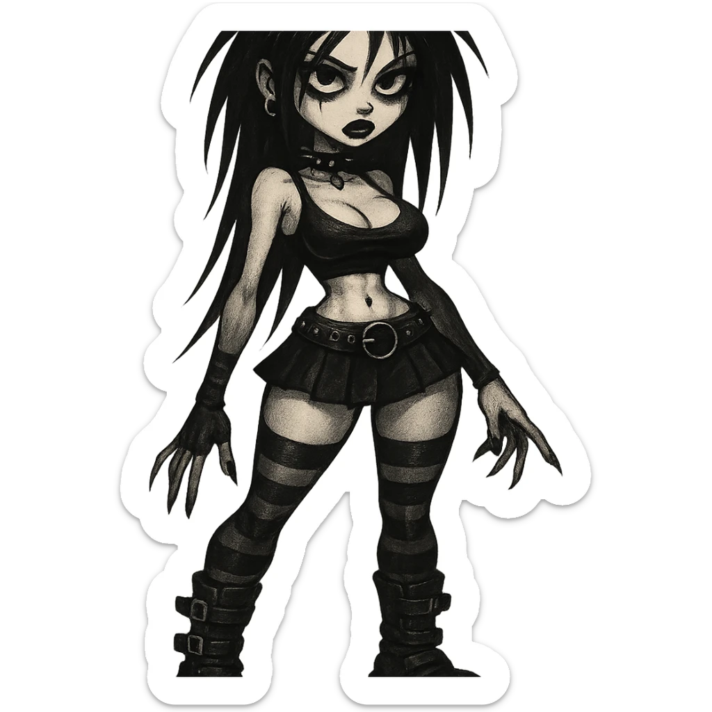 goth girl with exaggerated proportions in a dark, edgy style sticker