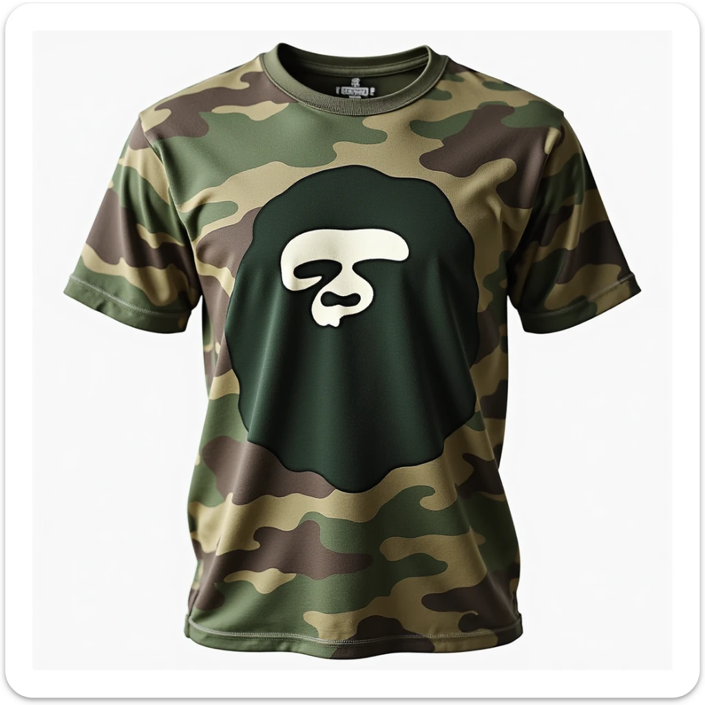BAPE t-shirt, photorealistic style, detailed fabric texture, classic green camo, realistic lighting, front view sticker