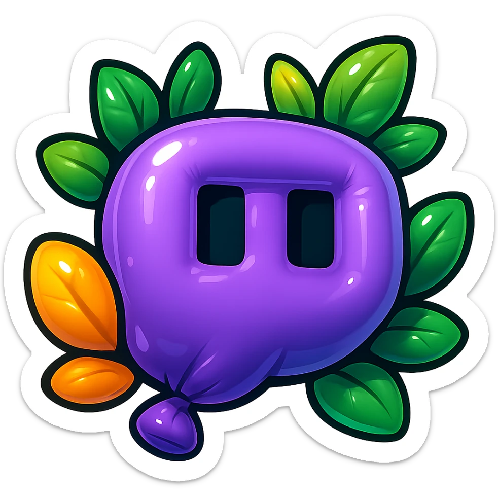 Super rounded, extra plump Twitch logo in cartoon style, very soft and puffy, with bold black outline, expressive shadows, glossy highlights, and bright leaves around the logo. No sharp corners, no background. Emphasize maximum roundness and puffiness, matching the previous reference style. sticker